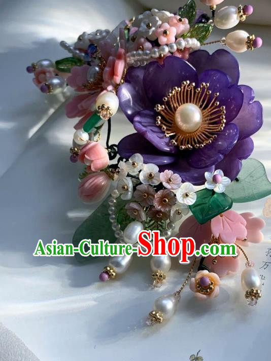 Chinese Handmade Purple Shell Peony Hair Stick Traditional Ming Dynasty Princess Pearls Butterfly Hairpin