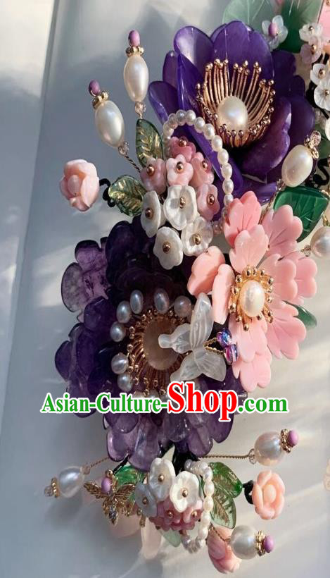 Chinese Handmade Purple Shell Peony Hair Stick Traditional Ming Dynasty Princess Pearls Butterfly Hairpin