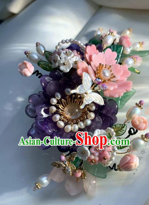 Chinese Handmade Purple Shell Peony Hair Stick Traditional Ming Dynasty Princess Pearls Butterfly Hairpin