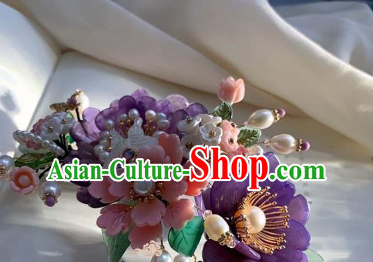 Chinese Handmade Purple Shell Peony Hair Stick Traditional Ming Dynasty Princess Pearls Butterfly Hairpin