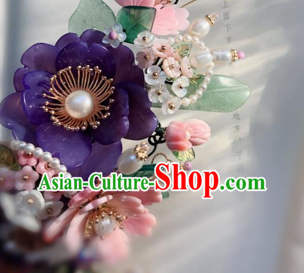 Chinese Handmade Purple Shell Peony Hair Stick Traditional Ming Dynasty Princess Pearls Butterfly Hairpin