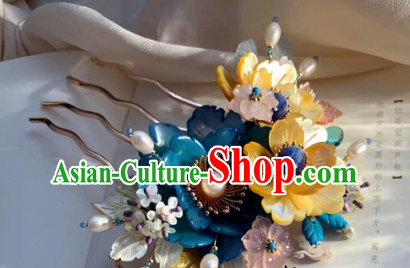 Chinese Handmade Lapis Pearls Hairpin Traditional Ming Dynasty Princess Shell Flowers Tassel Hair Comb