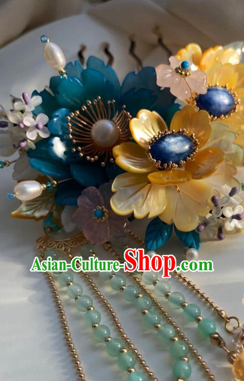 Chinese Handmade Lapis Pearls Hairpin Traditional Ming Dynasty Princess Shell Flowers Tassel Hair Comb