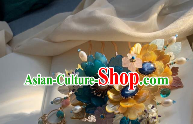 Chinese Handmade Lapis Pearls Hairpin Traditional Ming Dynasty Princess Shell Flowers Tassel Hair Comb