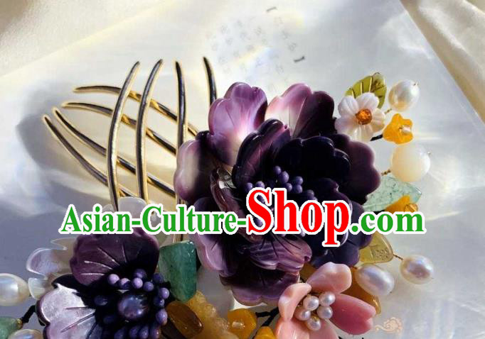Chinese Handmade Shell Flowers Hair Stick Traditional Ming Dynasty Princess Purple Peony Hair Comb