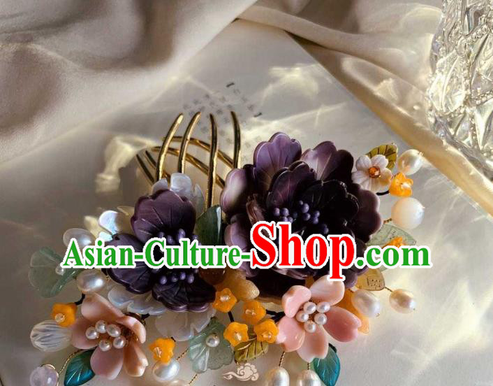 Chinese Handmade Shell Flowers Hair Stick Traditional Ming Dynasty Princess Purple Peony Hair Comb