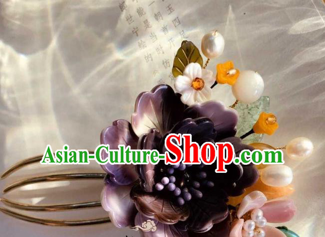 Chinese Handmade Shell Flowers Hair Stick Traditional Ming Dynasty Princess Purple Peony Hair Comb