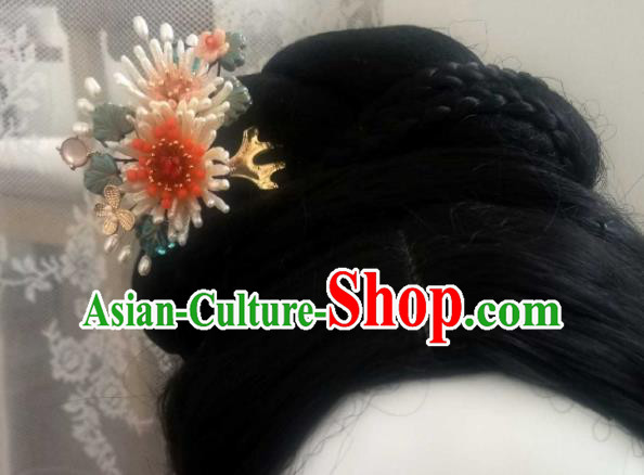 Chinese Handmade Pearls Chrysanthemum Hairpin Traditional Song Dynasty Empress Hair Comb