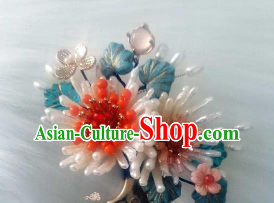Chinese Handmade Pearls Chrysanthemum Hairpin Traditional Song Dynasty Empress Hair Comb