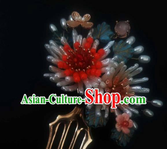 Chinese Handmade Pearls Chrysanthemum Hairpin Traditional Song Dynasty Empress Hair Comb
