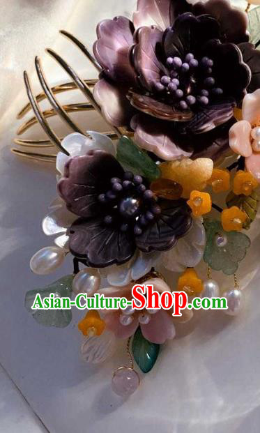 Chinese Handmade Shell Flowers Hair Stick Traditional Ming Dynasty Princess Purple Peony Hair Comb