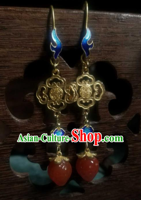 China Traditional Qing Dynasty Court Blueing Earrings Ancient Ming Dynasty Agate Strawberry Ear Jewelry