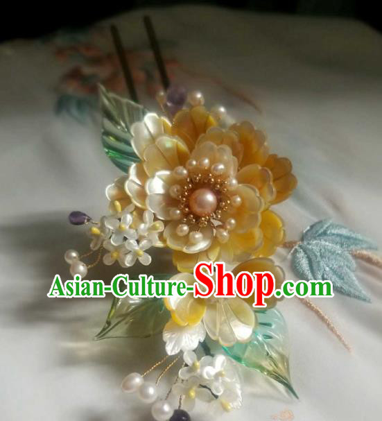 Chinese Handmade Yellow Shell Peony Hairpin Traditional Ming Dynasty Osmanthus Hair Stick