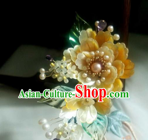 Chinese Handmade Yellow Shell Peony Hairpin Traditional Ming Dynasty Osmanthus Hair Stick