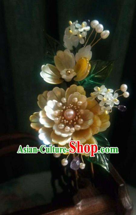 Chinese Handmade Yellow Shell Peony Hairpin Traditional Ming Dynasty Osmanthus Hair Stick