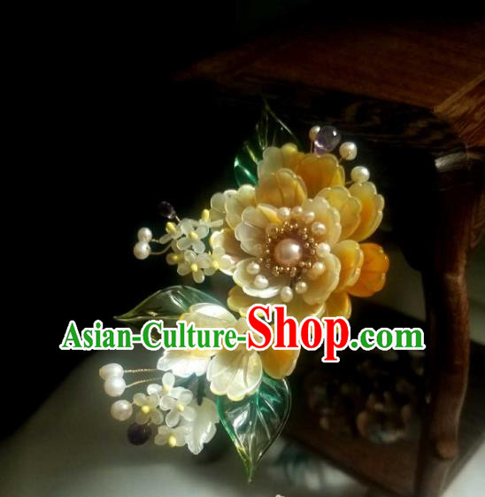 Chinese Handmade Yellow Shell Peony Hairpin Traditional Ming Dynasty Osmanthus Hair Stick