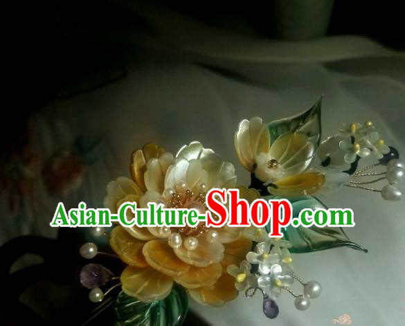 Chinese Handmade Yellow Shell Peony Hairpin Traditional Ming Dynasty Osmanthus Hair Stick