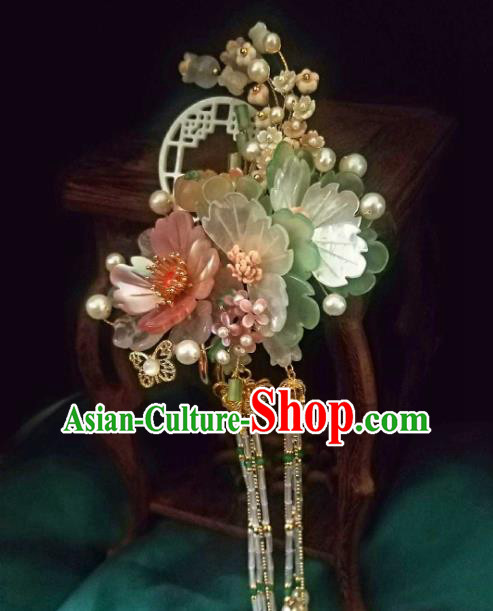 Chinese Handmade Beads Tassel Hairpin Traditional Ming Dynasty Princess Shell Peony Hair Stick