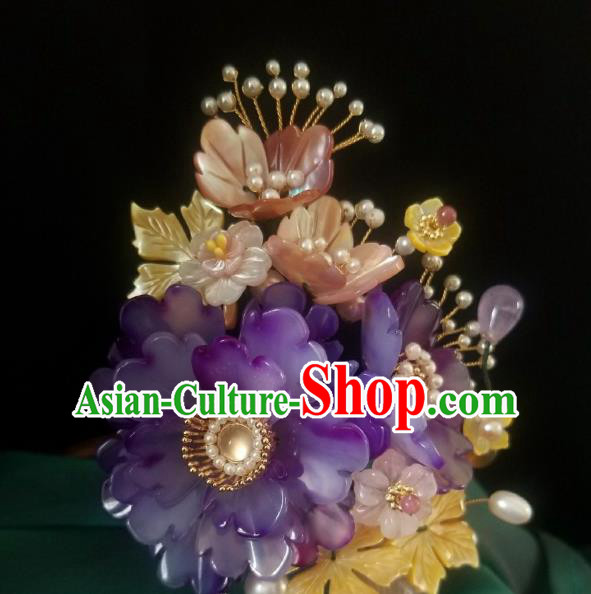 Chinese Handmade Purple Peony Hairpin Traditional Ming Dynasty Princess Pearls Tassel Hair Clip