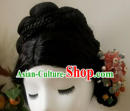 Chinese Handmade Jade Plum Hairpin Traditional Song Dynasty Princess Pink Peony Pearls Hair Clip