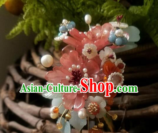 Chinese Handmade Jade Plum Hairpin Traditional Song Dynasty Princess Pink Peony Pearls Hair Clip