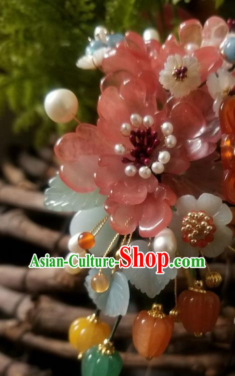 Chinese Handmade Jade Plum Hairpin Traditional Song Dynasty Princess Pink Peony Pearls Hair Clip