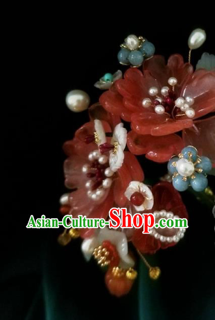 Chinese Handmade Jade Plum Hairpin Traditional Song Dynasty Princess Pink Peony Pearls Hair Clip
