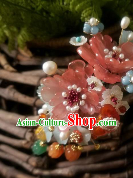 Chinese Handmade Jade Plum Hairpin Traditional Song Dynasty Princess Pink Peony Pearls Hair Clip