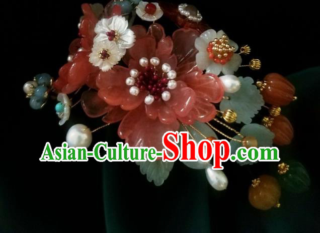Chinese Handmade Jade Plum Hairpin Traditional Song Dynasty Princess Pink Peony Pearls Hair Clip