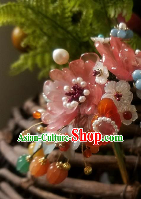 Chinese Handmade Jade Plum Hairpin Traditional Song Dynasty Princess Pink Peony Pearls Hair Clip