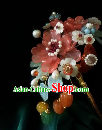 Chinese Handmade Jade Plum Hairpin Traditional Song Dynasty Princess Pink Peony Pearls Hair Clip