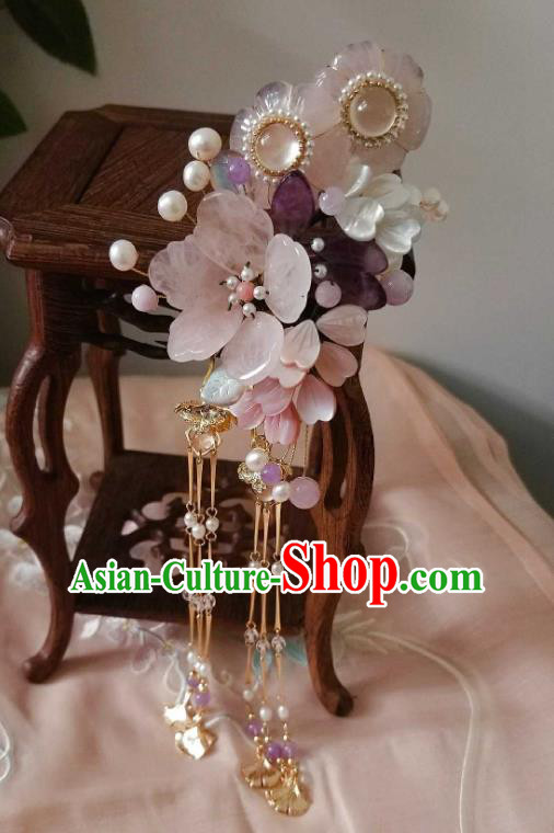 Chinese Handmade Peach Blossom Tassel Hairpin Traditional Song Dynasty Princess Rose Quartz Hair Stick