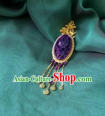 China Traditional Carving Peony Necklace Pendant Accessories Handmade Amethyst Tassel Necklet