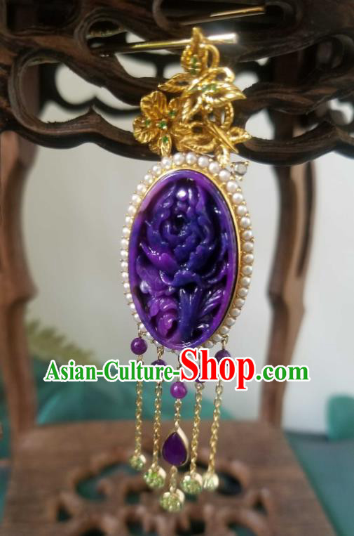 China Traditional Carving Peony Necklace Pendant Accessories Handmade Amethyst Tassel Necklet