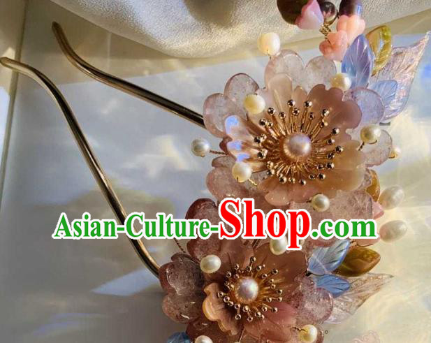 Chinese Handmade Rose Quartz Peony Hair Stick Traditional Ming Dynasty Princess Pearls Tassel Hairpin