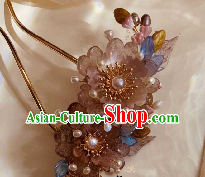 Chinese Handmade Rose Quartz Peony Hair Stick Traditional Ming Dynasty Princess Pearls Tassel Hairpin