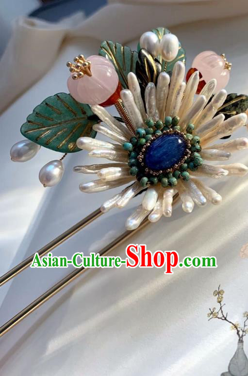 Chinese Handmade Shell Chrysanthemum Hair Stick Traditional Ming Dynasty Princess Rose Quartz Hairpin