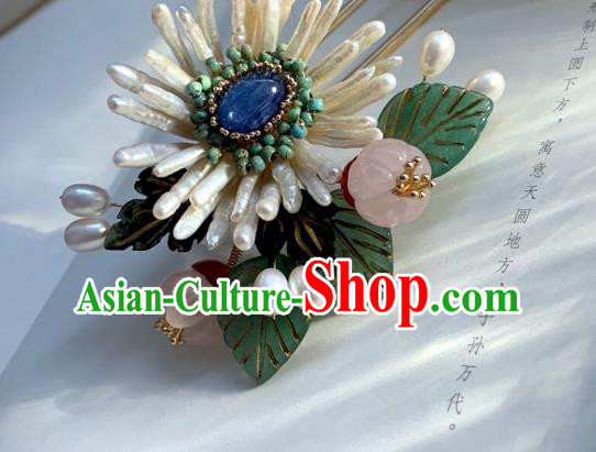 Chinese Handmade Shell Chrysanthemum Hair Stick Traditional Ming Dynasty Princess Rose Quartz Hairpin
