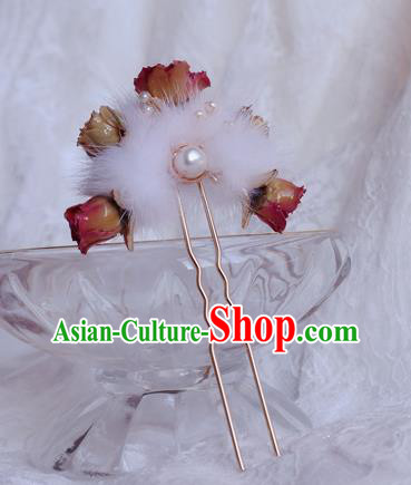 Chinese Handmade Flowers Hairpin Traditional Ming Dynasty Princess Fur Hair Stick