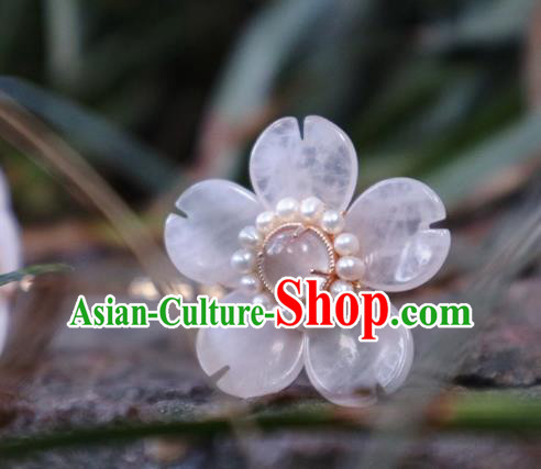 Chinese Handmade Rose Quartz Hairpin Traditional Ming Dynasty Princess Pearls Peach Blossom Hair Stick