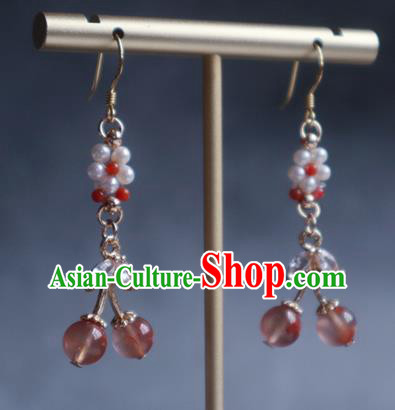China Traditional Hanfu Crystal Earrings Ancient Ming Dynasty Princess Pink Beads Ear Jewelry