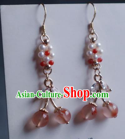 China Traditional Hanfu Crystal Earrings Ancient Ming Dynasty Princess Pink Beads Ear Jewelry