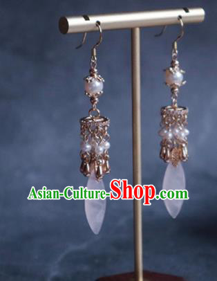China Traditional Hanfu Pearls Earrings Ancient Ming Dynasty Court Golden Ear Jewelry