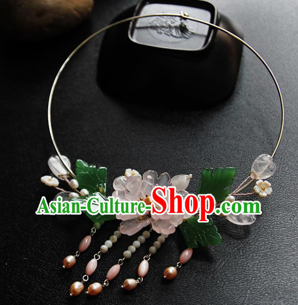 China Handmade Hanfu Peach Blossom Necklet Jewelry Traditional Ming Dynasty Rose Quartz Necklace Accessories