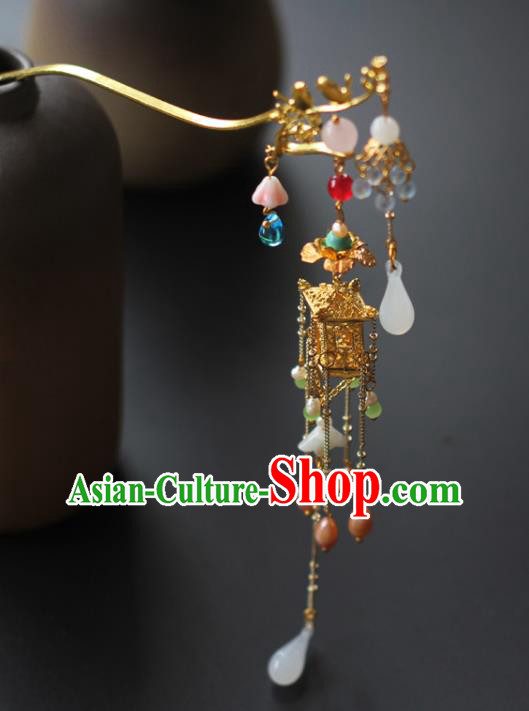 Chinese Handmade Palace Golden Hair Stick Traditional Qing Dynasty Court Lady Tassel Hairpin