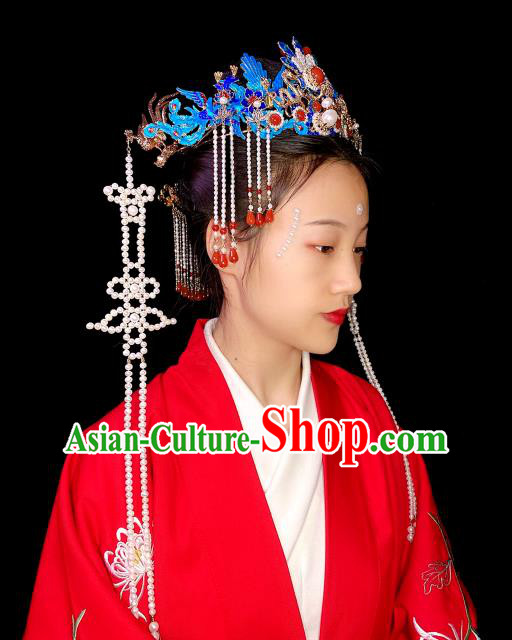 Chinese Handmade Blueing Phoenix Coronet Traditional Ming Dynasty Wedding Hair Accessories Full Set