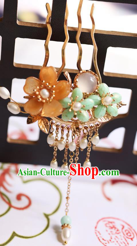Chinese Handmade Plum Blossom Hair Comb Traditional Ming Dynasty Princess Pearls Tassel Hairpin