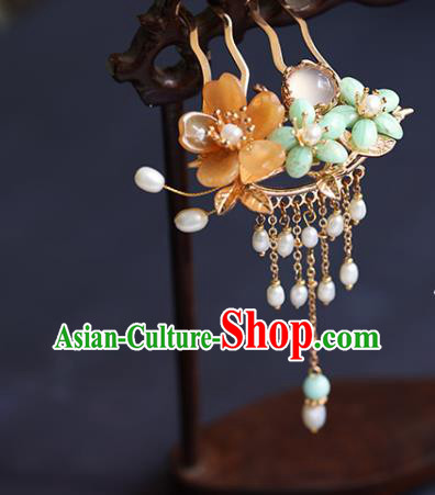 Chinese Handmade Plum Blossom Hair Comb Traditional Ming Dynasty Princess Pearls Tassel Hairpin