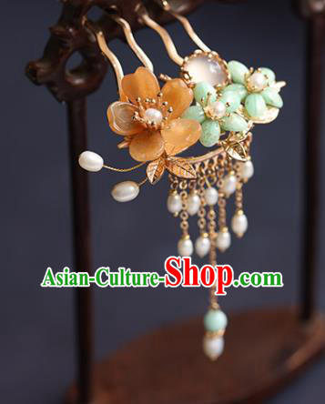 Chinese Handmade Plum Blossom Hair Comb Traditional Ming Dynasty Princess Pearls Tassel Hairpin