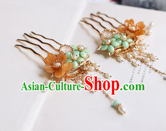 Chinese Handmade Plum Blossom Hair Comb Traditional Ming Dynasty Princess Pearls Tassel Hairpin